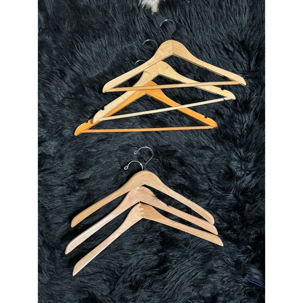Set of 6 Natural Wood Hangers Mixed Style Wishbone and Contoured with Metal Hook